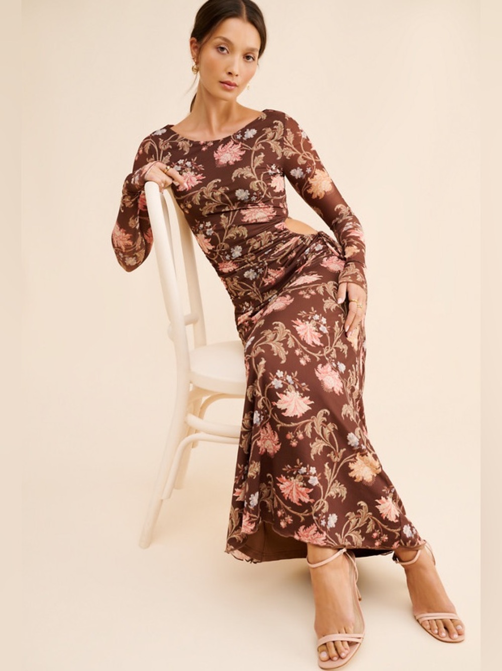 Hansen & Gretel Zee Dress Maxi Long Sleeve Floral Brown XL